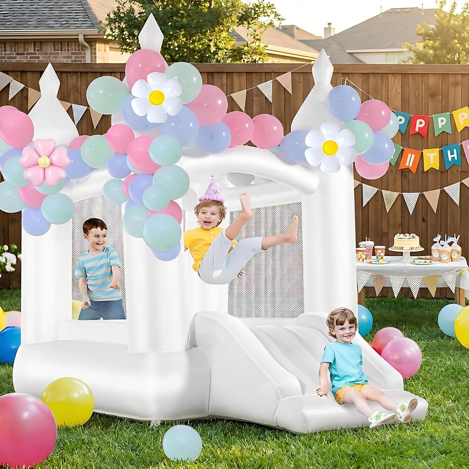 Kids Outdoor House With Slide - Castillo Inflable Blanco para Interiores y
